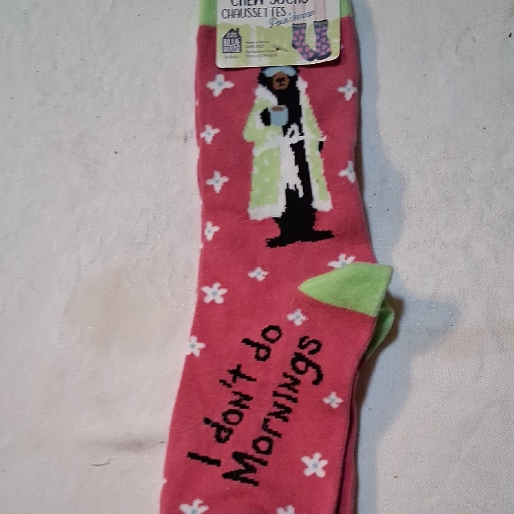 Awake Pink Crew Socks with Green Accents - Novelty Morning Graphic